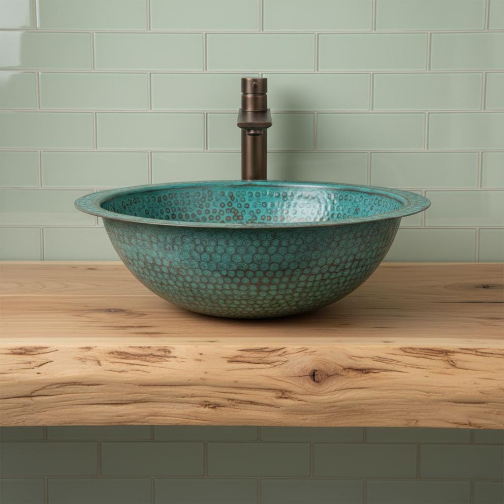 Handmade Round Verdigris Copper Vessel Sink with Green Patina Hammered Finish for Bathroom Vanity