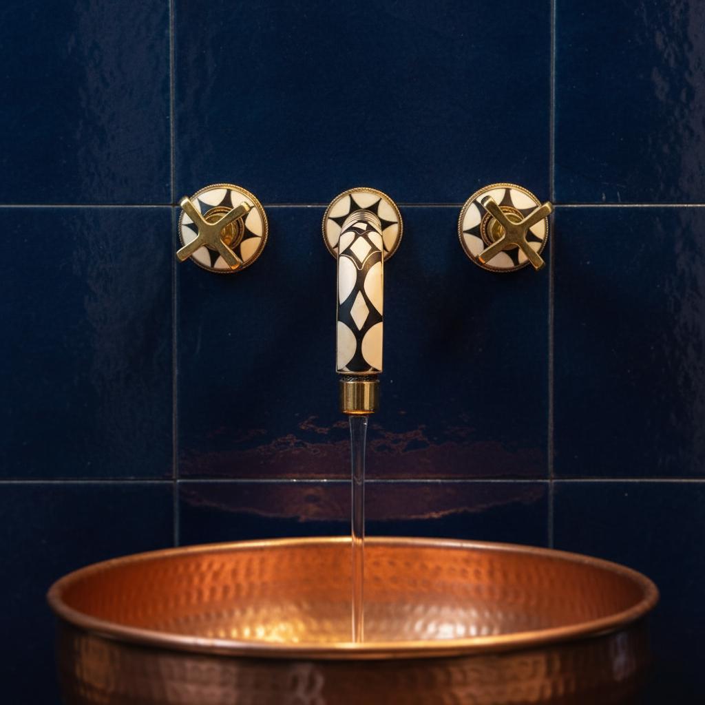 Wall-Mount Faucet – Unlacquered Brass & Resin Handle Bathroom Tap, Handmade Art Deco Basin Mixer