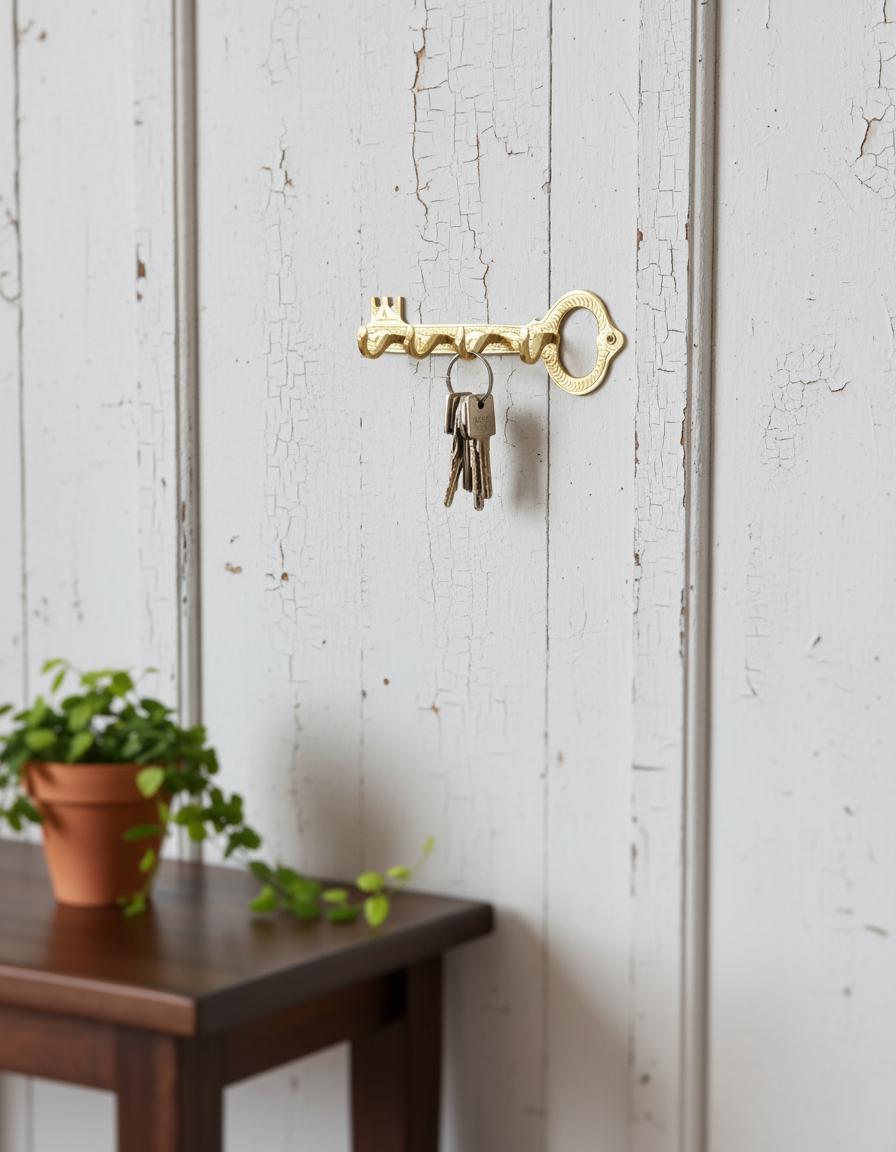 Engraved Brass Key Hook Rack – Unlacquered Wall Mount Key Holder