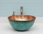 Handmade Turquoise Patina Copper Vessel Sink with Hammered Interior for Modern Bathroom Vanity Decor