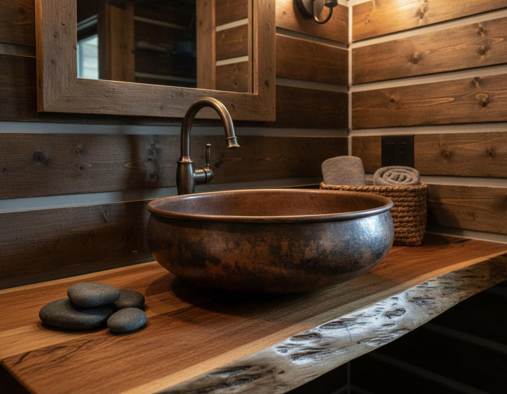 Handmade Fire Patina Copper Vessel Sink with Aged Finish for Luxury Bathroom Vanity Designs