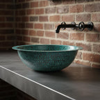 Handmade Round Verdigris Copper Vessel Sink with Green Patina Hammered Finish for Bathroom Vanity