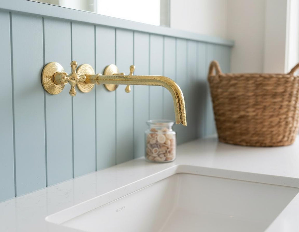 Unlacquered Solid Brass Hammered Wall Mount Faucet – Handmade Cross Handle Bathroom Mixer