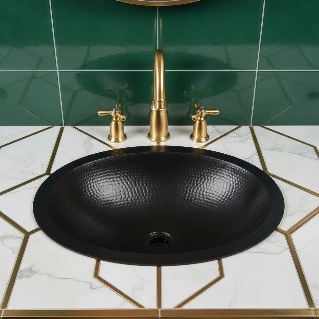 Handmade Hammered Oval Vessel Sink Solid Copper Basin with Matte Black Finish for Elegant Luxury Interiors