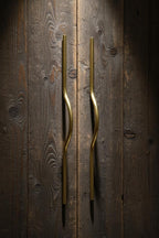 Gold handles on a wooden door