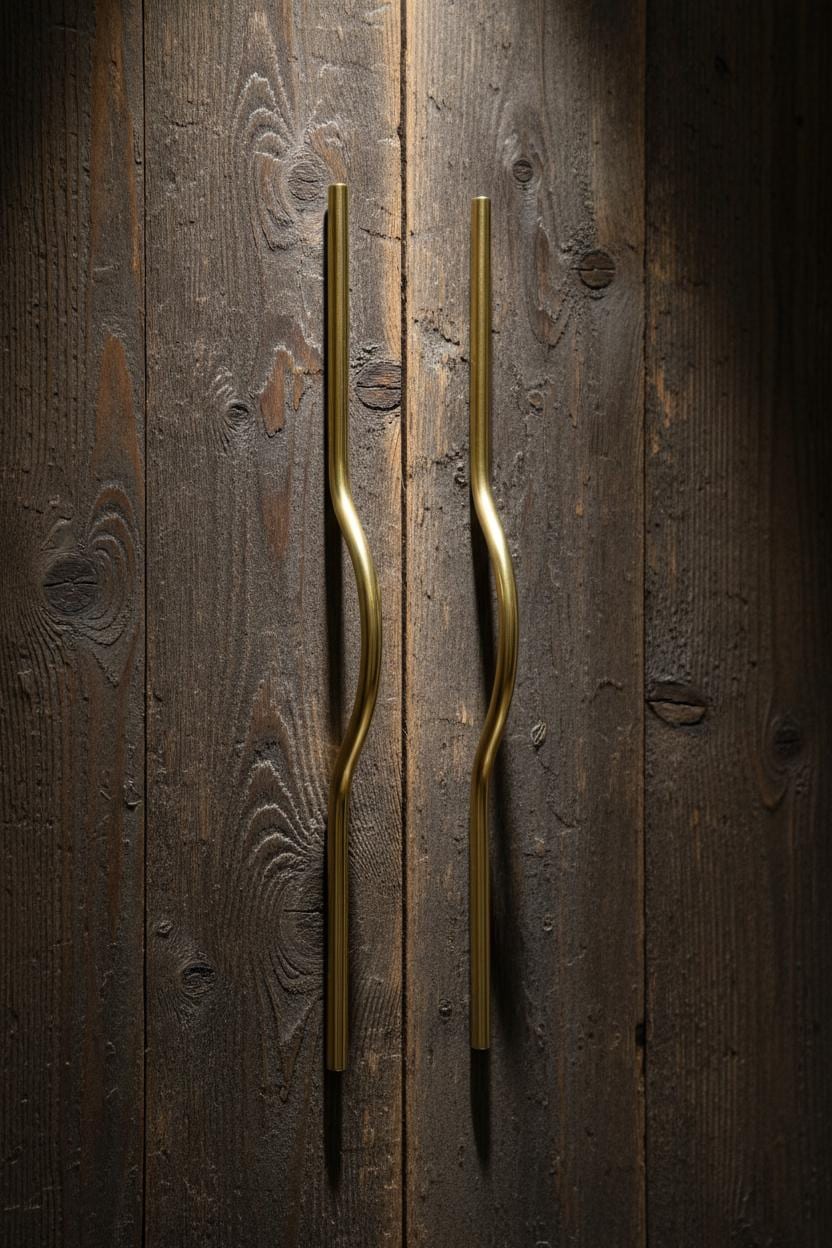 Gold handles on a wooden door
