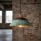 Handcrafted Copper Pendant Light with Fire Finish and Verdigris Patina Exterior Dome