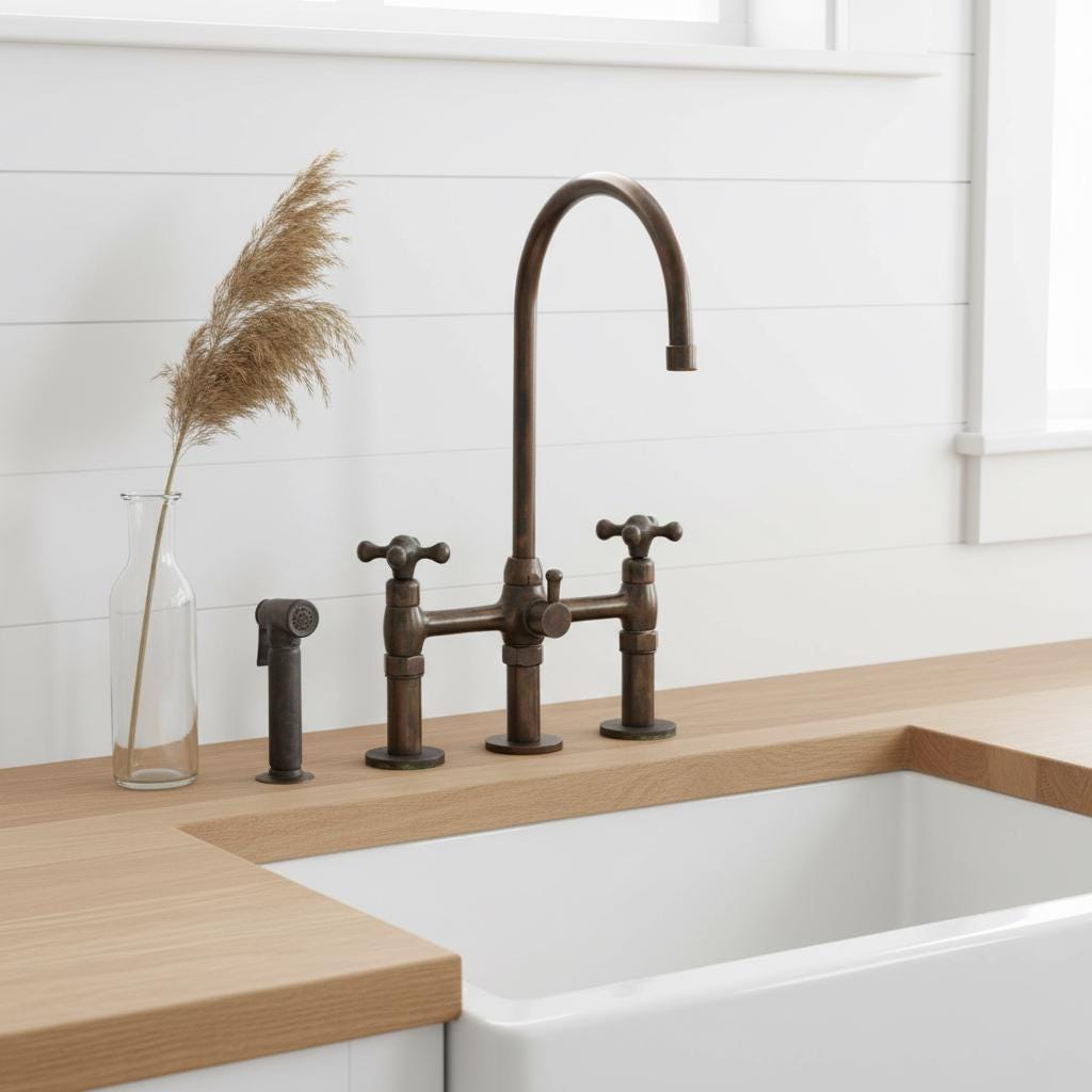 Brass Bridge Faucet with Sprayer – Handmade Kitchen Mixer Tap, Farmhouse Sink Faucet