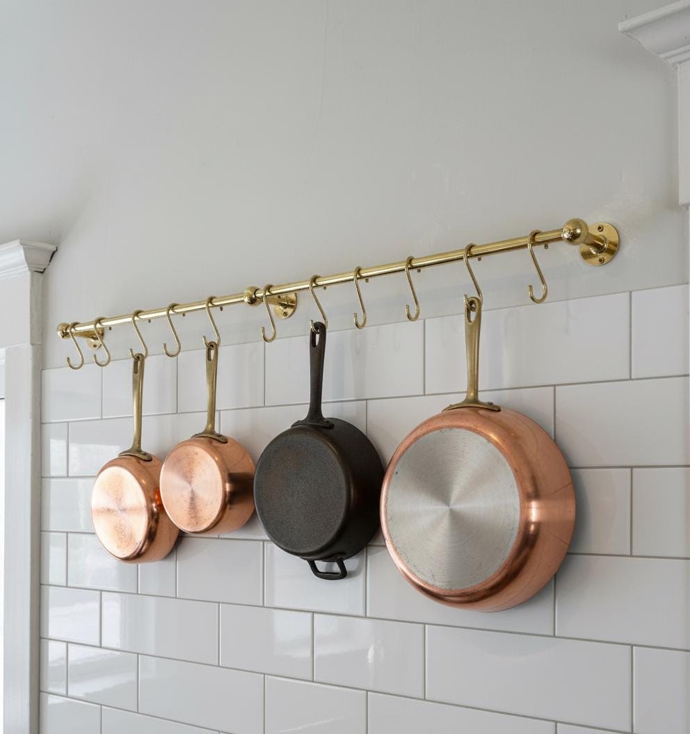 Solid Brass Kitchen Rail with Hooks – Unlacquered Hanging Utensil Bar for Wall