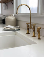 Unlacquered Brass Bridge Faucet with Side Sprayer – Farmhouse Kitchen Sink Mixer, Solid Brass Tap Fixture