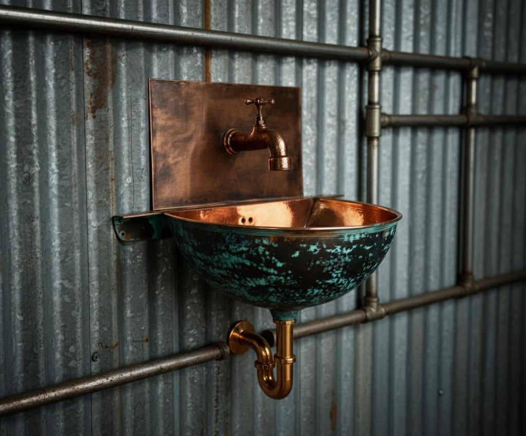 Handcrafted Turquoise Patina Copper Wall Mount Sink with Hammered Interior for Unique Luxury Bathrooms