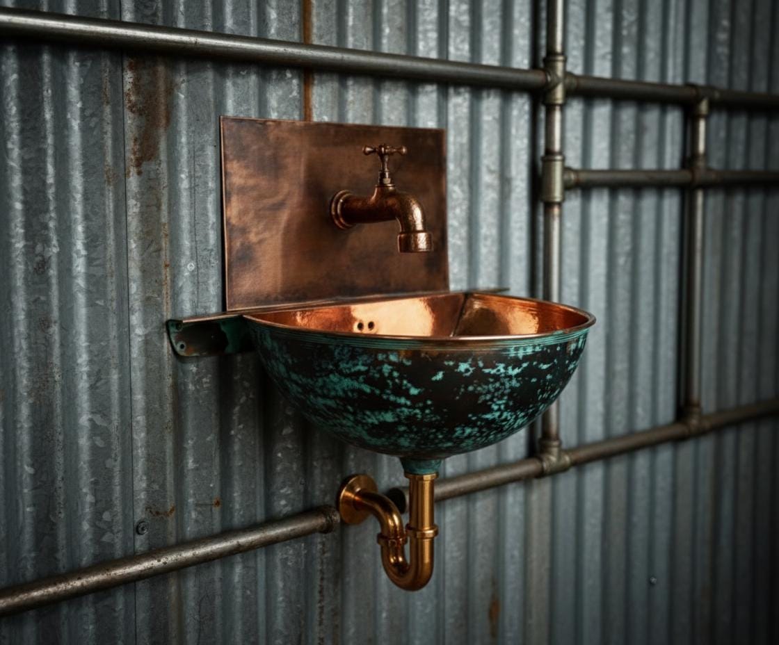 Handcrafted Turquoise Patina Copper Wall Mount Sink with Hammered Interior for Unique Luxury Bathrooms