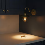 Unlacquered Brass Wall Light – Handmade Curved Arm Sconce with Wide Shade and Edison Bulb