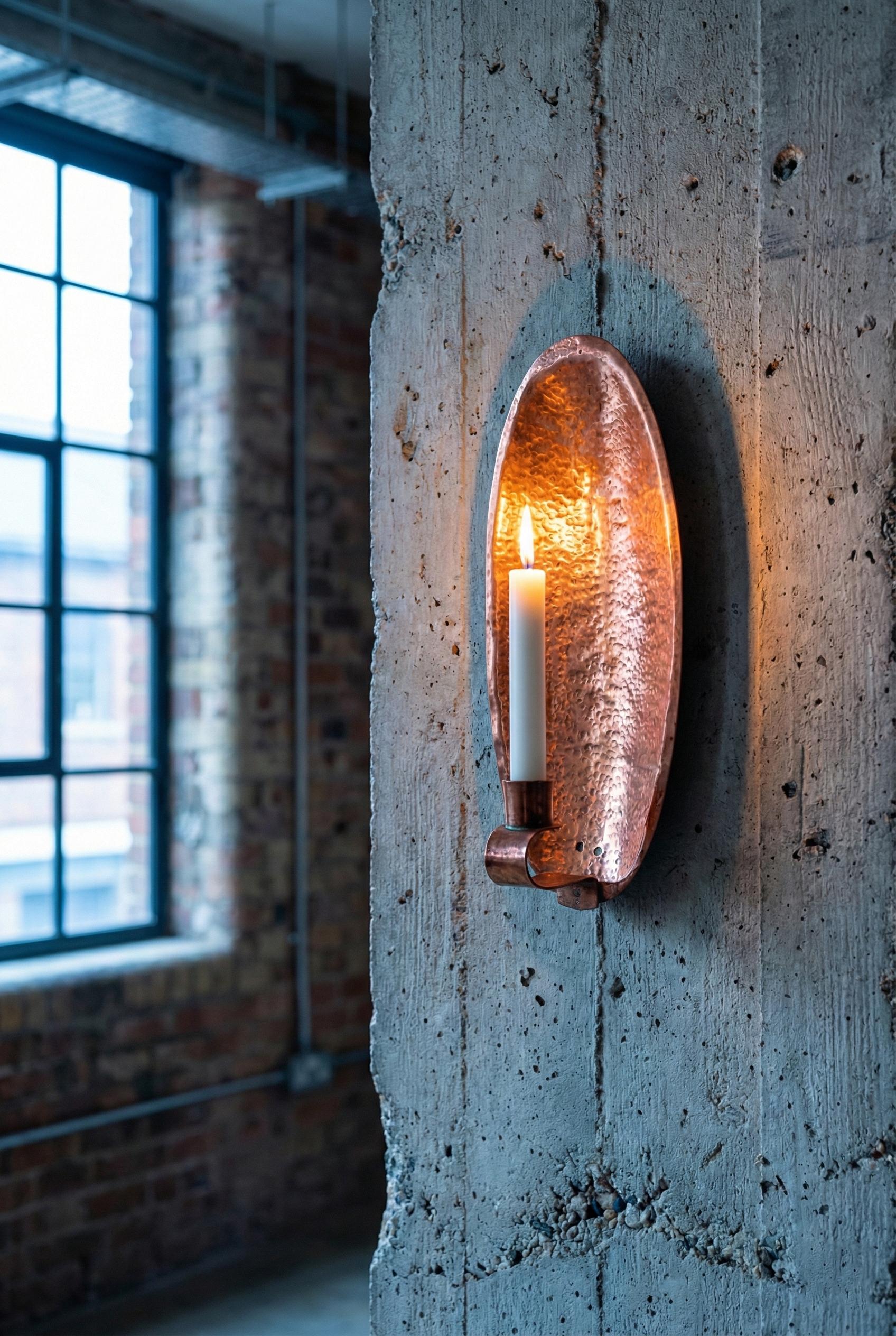 Pair of Unlacquered Copper Wall Candle Holder Hammered Oval Brass Style Sconce