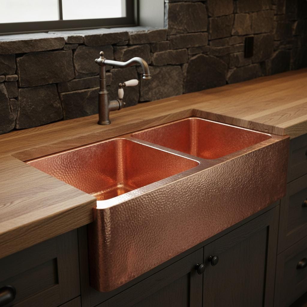 Handmade Hammered Double Bowl Farmhouse Sink Solid Copper Apron Front Kitchen Basin Design