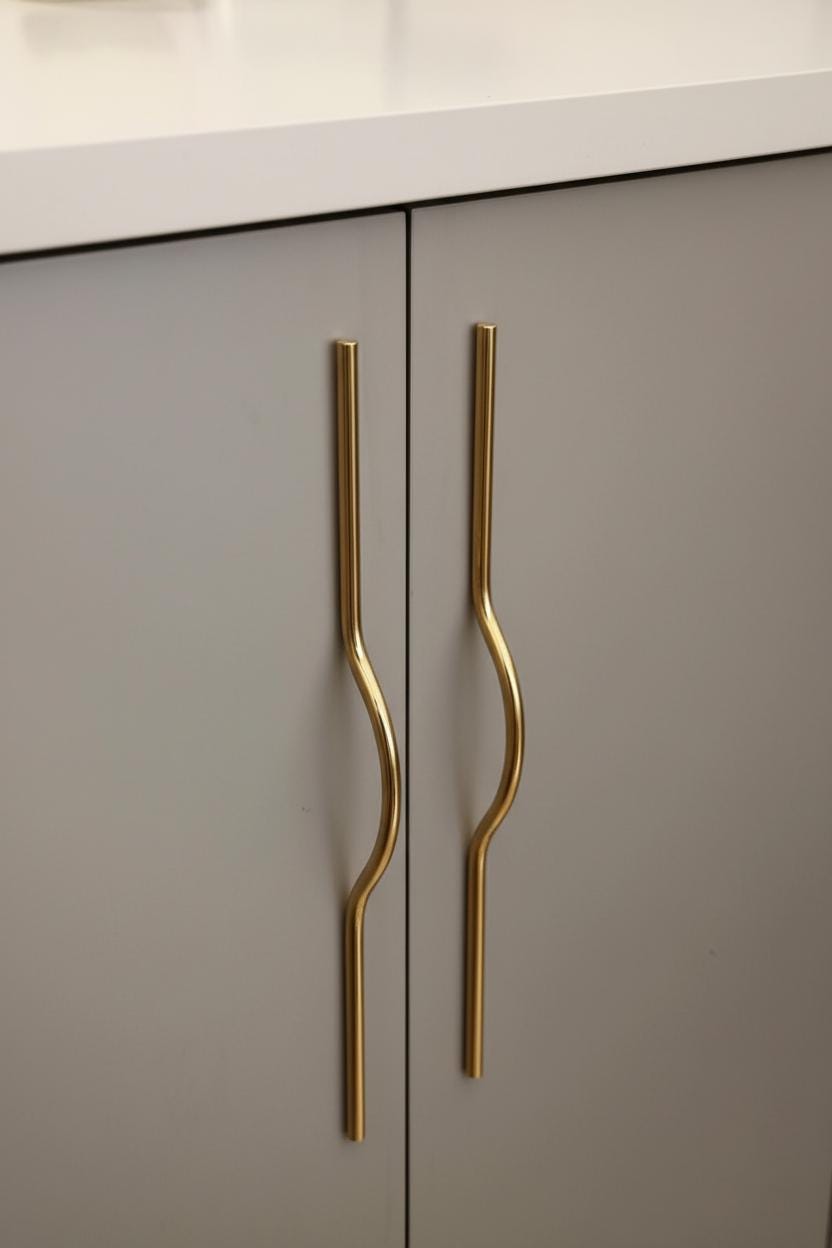 Two Curved Solid Brass Cabinet Handles – Modern Unlacquered Drawer Pulls Set