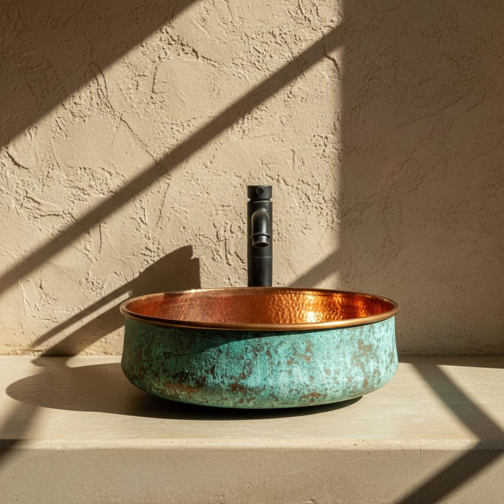 Handmade Turquoise Patina Copper Vessel Sink with Polished Interior for Luxury Bathroom Designs
