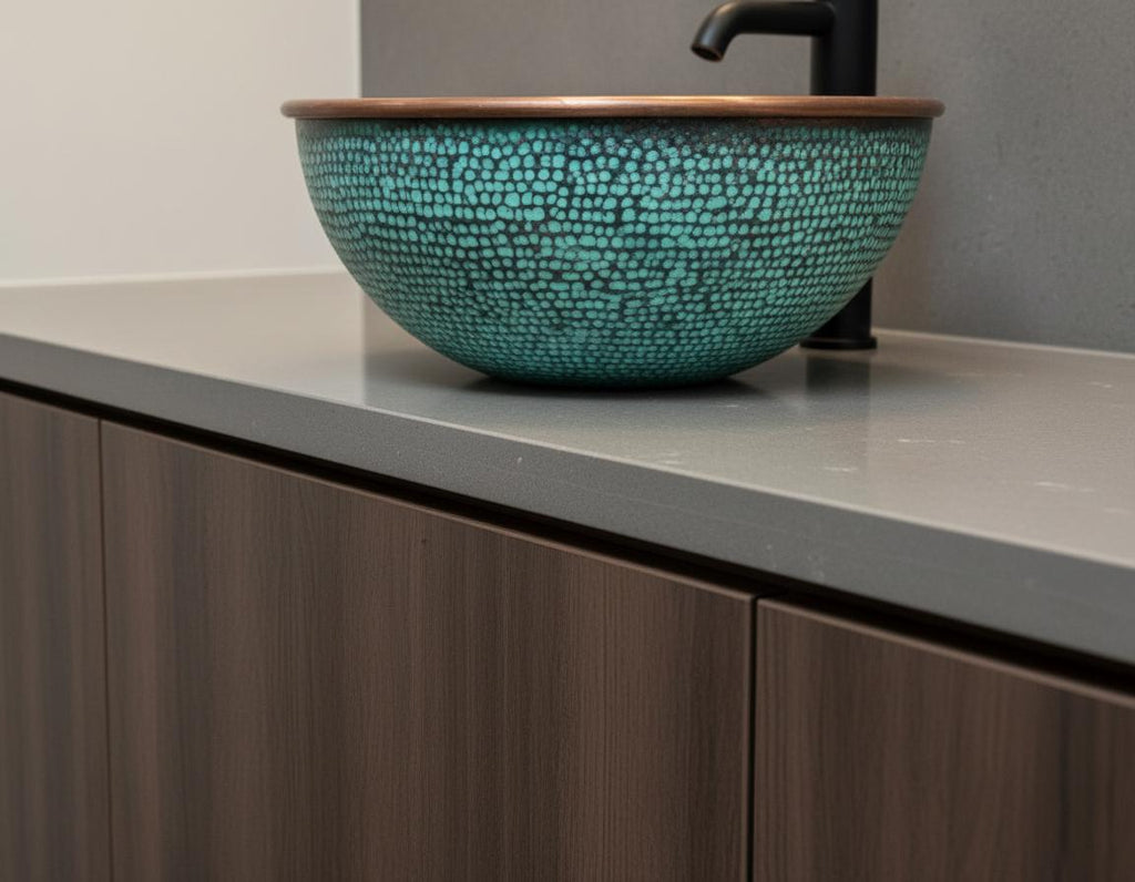 Handmade Turquoise Patina Copper Vessel Sink with Hammered Interior for Modern Bathroom Vanity Decor