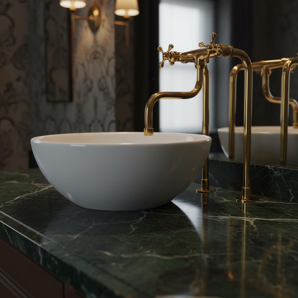 White ceramic sink with gold faucet on a green marble countertop in a bathroom setting.