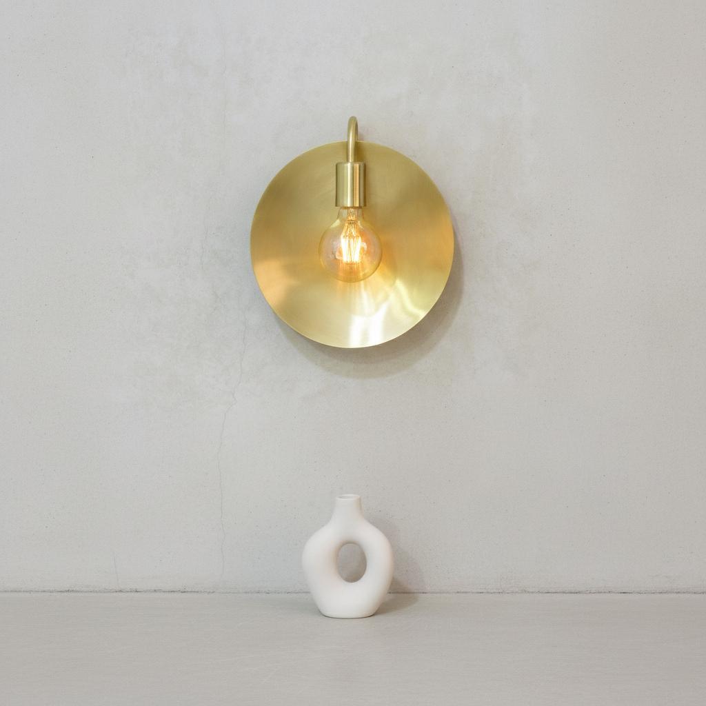 Unlacquered Brass Wall Light – Helios Inspired Round Backplate Sconce with Exposed Bulb