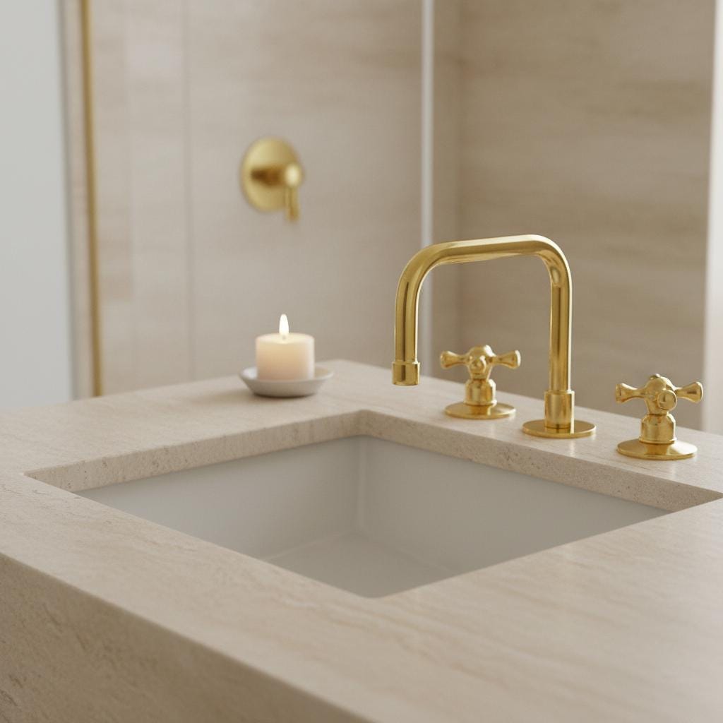 Bathroom sink with gold faucet and handles on a neutral background