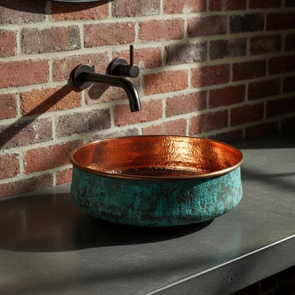 Handmade Turquoise Patina Copper Vessel Sink with Polished Interior for Luxury Bathroom Designs