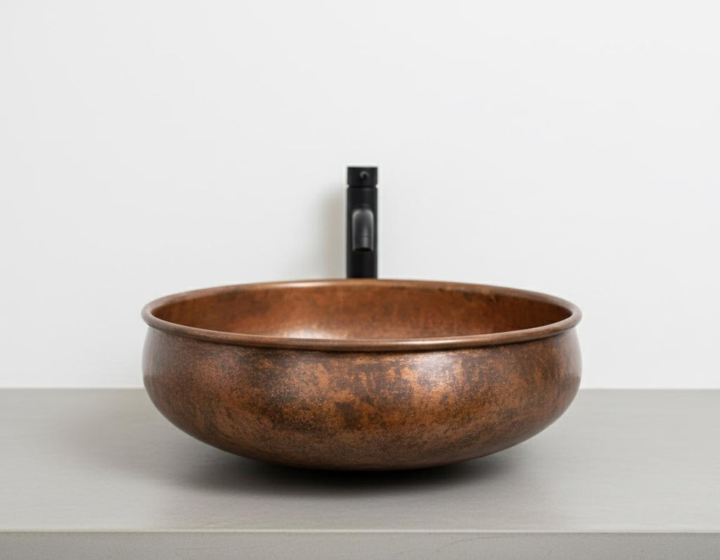 Handmade Fire Patina Copper Vessel Sink with Aged Finish for Luxury Bathroom Vanity Designs