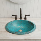 Handcrafted Oval Copper Vessel Basin with Turquoise Patina for Luxury Bathroom Vanity