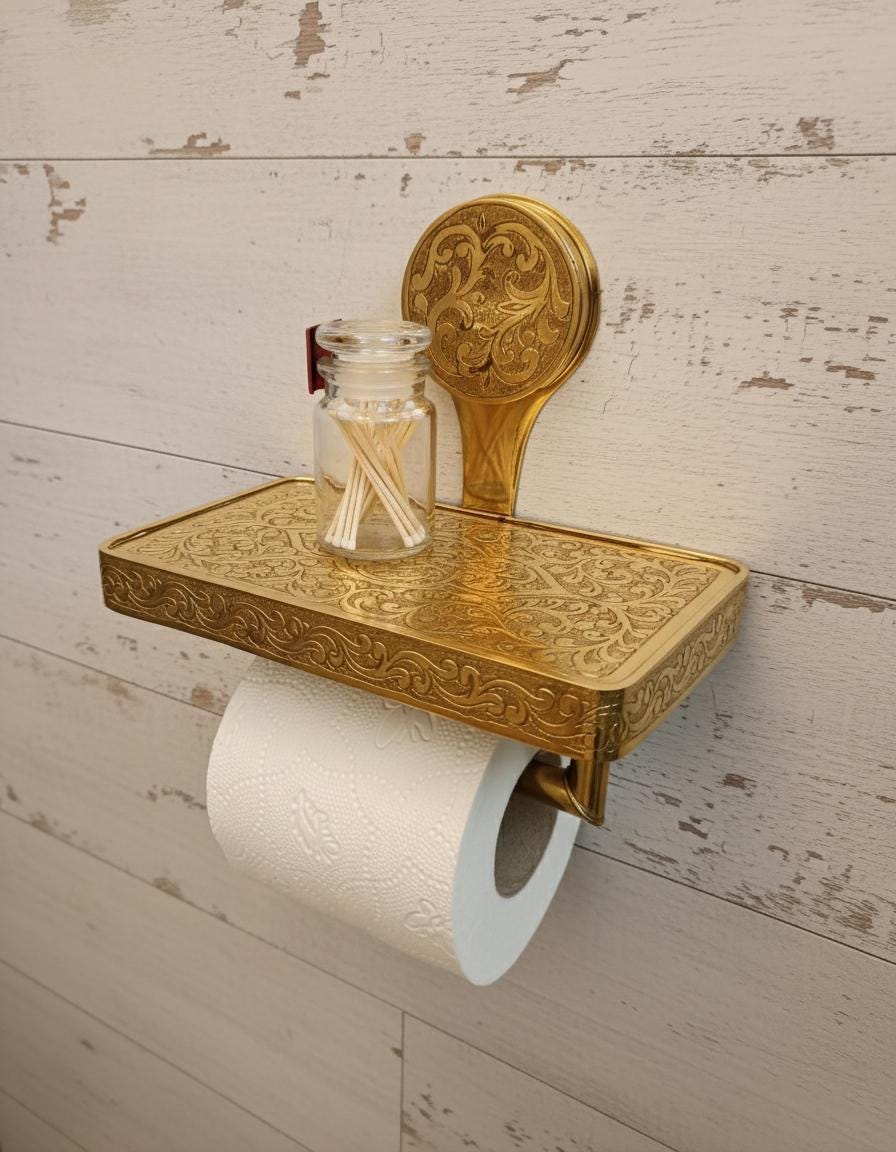 Engraved Solid Brass Toilet Paper Holder with Shelf – Unlacquered Luxury Bathroom Fixture