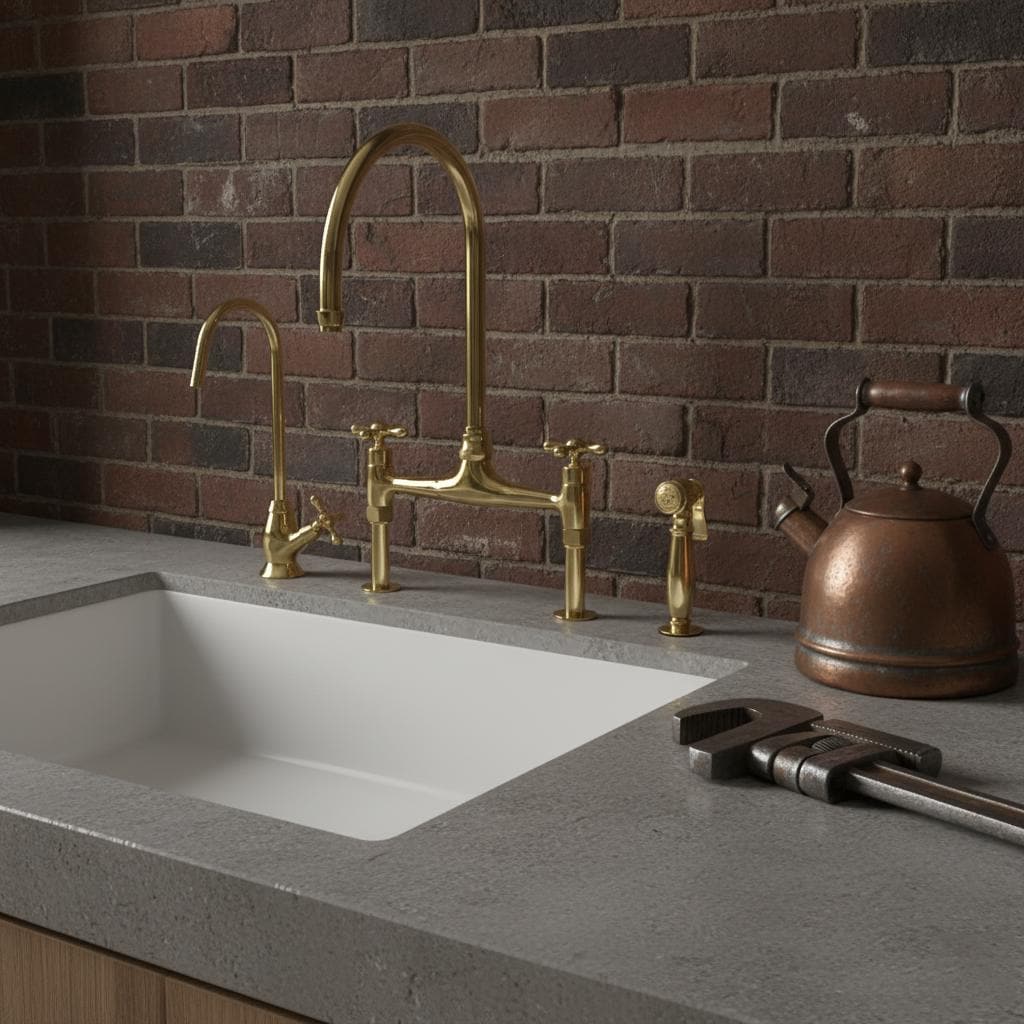 Unlacquered Brass Bridge Faucet Set – Handmade Solid Brass Kitchen Mixer with Filter Tap and Sprayer for Farmhouse Sinks