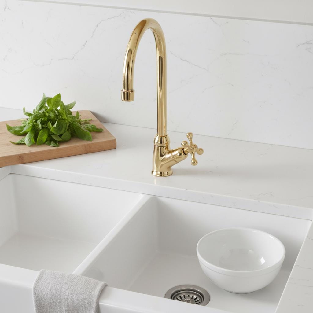 Kitchen sink with gold faucet and white bowl on a light-colored countertop.