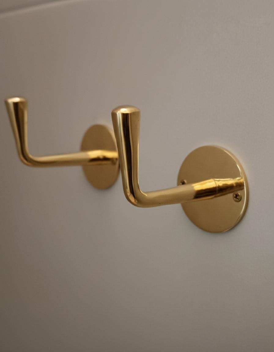 2 Pcs Unlacquered Brass Wall Hooks – Minimalist Solid Brass Coat & Towel Hangers