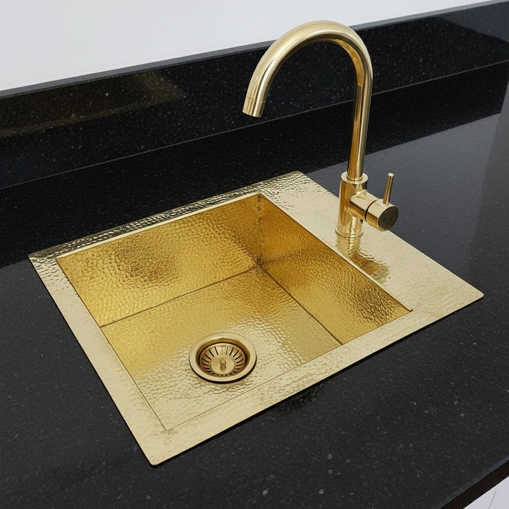 Handmade Square Brass Basin – Hammered Unlacquered Brass Undermount or Drop-In Kitchen, Bar or Prep Sink
