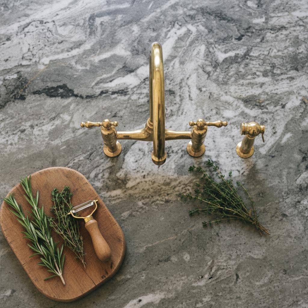 Unlacquered Brass Bridge Kitchen Faucet with Side Sprayer – Farmhouse Sink Mixer Tap, Solid Brass Fixture