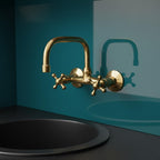 Unlacquered Brass Wall Mount Faucet – Handmade Solid Brass Bar or Bathroom Sink Tap with Cross Handles