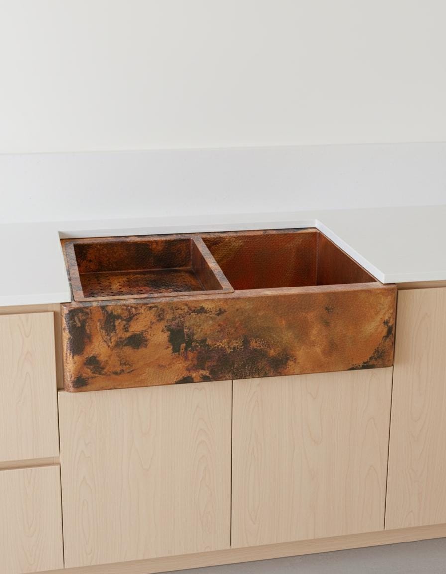 Copper Farmhouse Kitchen Sink – Double Basin Apron Front Workstation with Hammered Texture