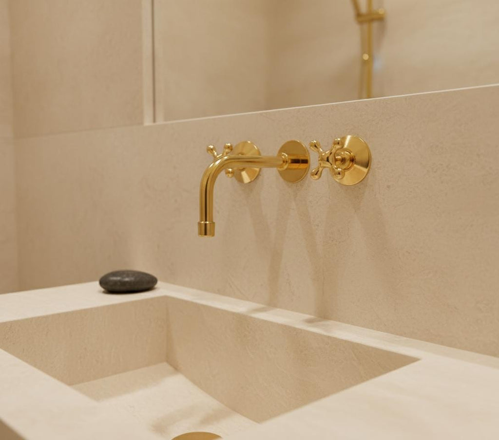 Unlacquered Solid Brass Wall Mount Faucet – Handmade Cross Handle Bathroom or Vanity Sink Mixer