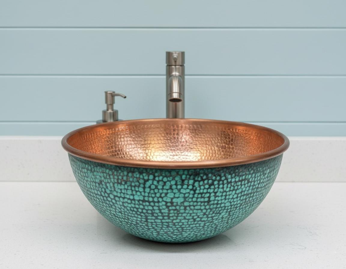Handmade Turquoise Patina Copper Vessel Sink with Hammered Interior for Modern Bathroom Vanity Decor