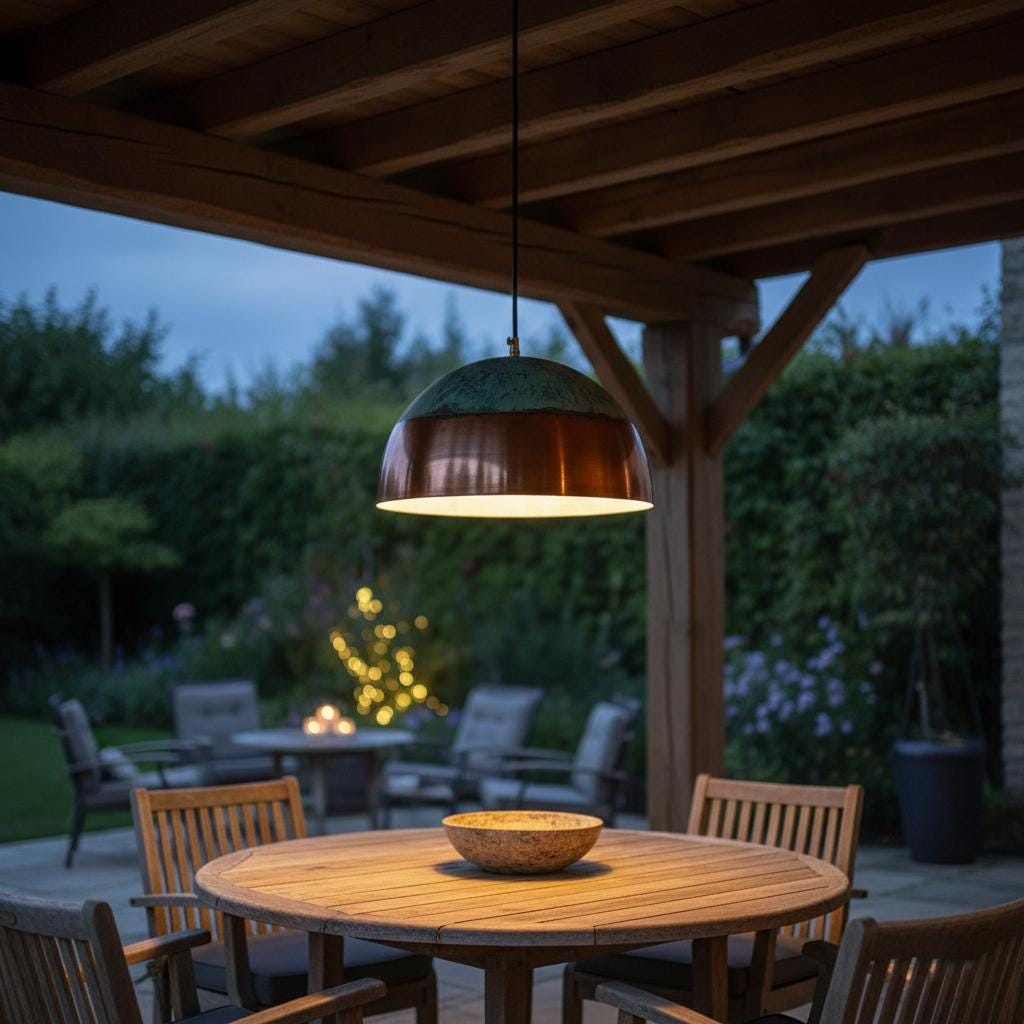 Handmade Copper Dome Pendant Light with Natural Green Patina for Indoor & Outdoor Covered Spaces