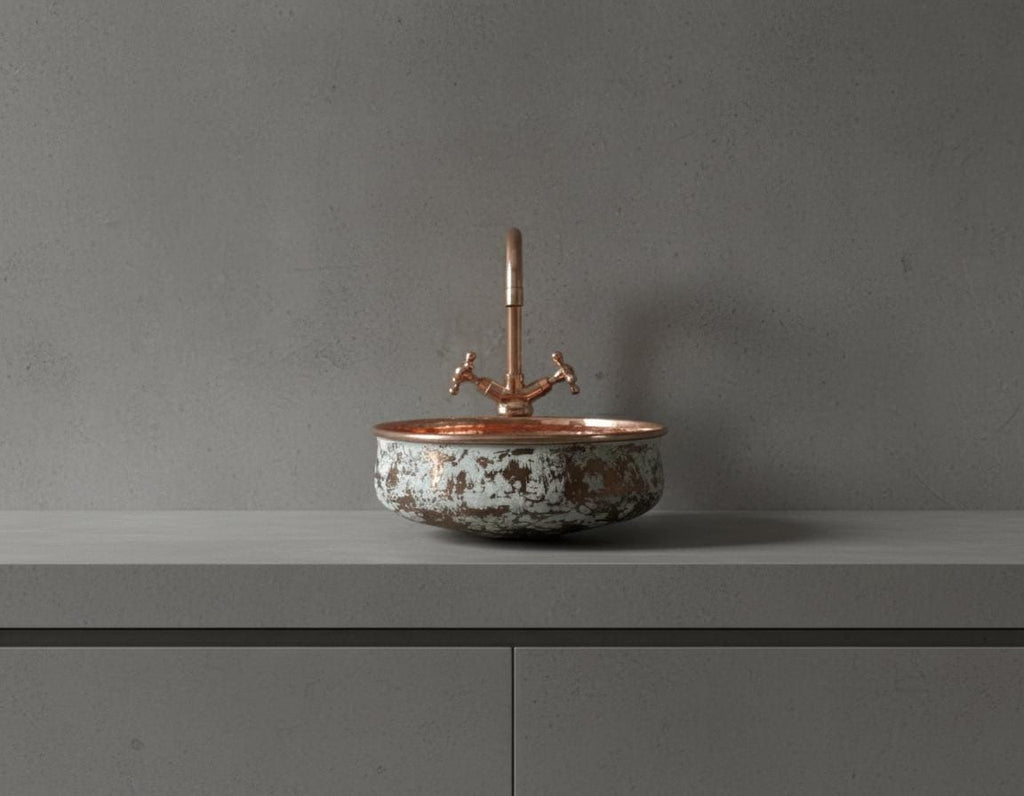 Handmade Patina Copper Vessel Sink with Hammered Interior for Luxury Bathroom Vanity Designs