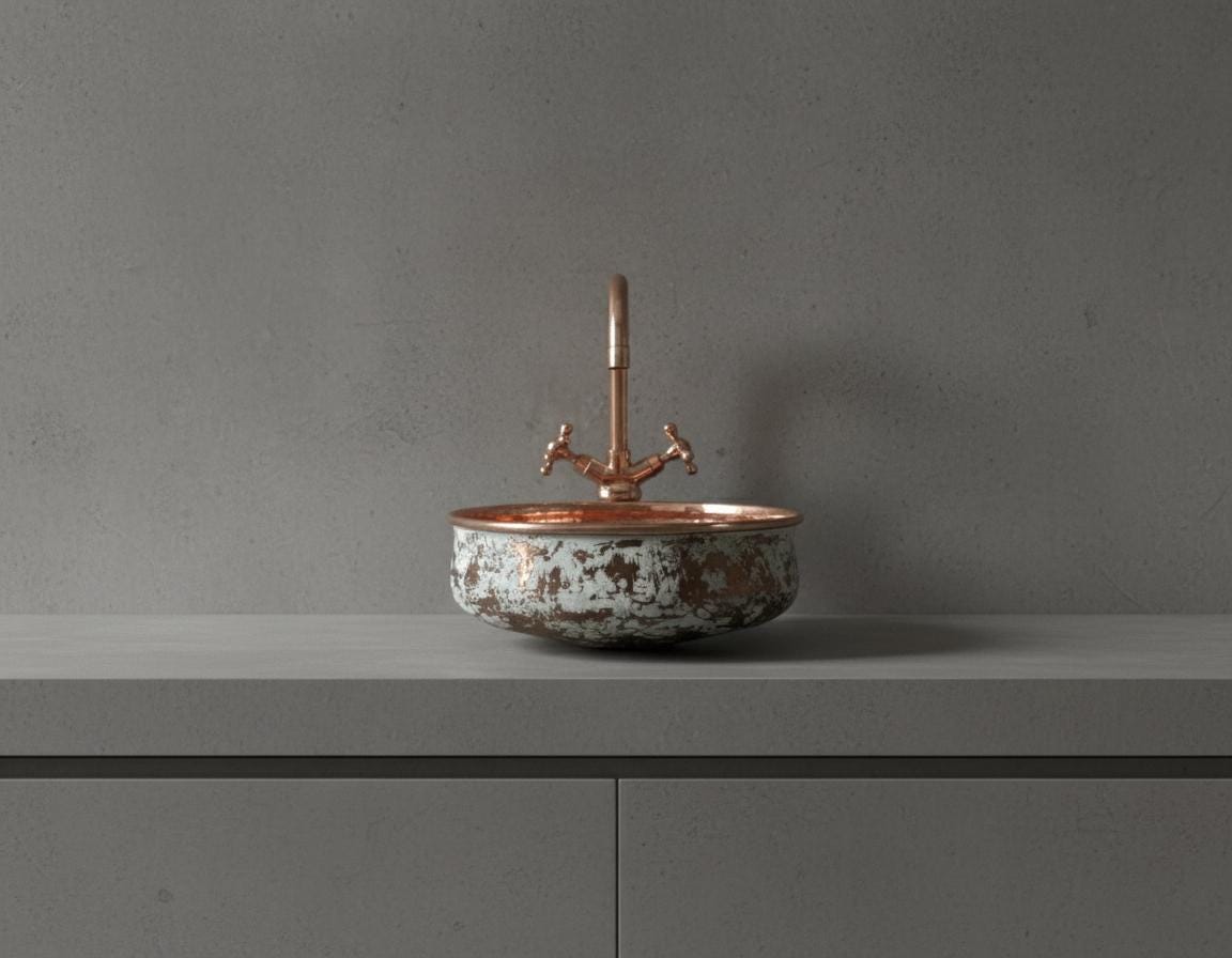 Handmade Patina Copper Vessel Sink with Hammered Interior for Luxury Bathroom Vanity Designs