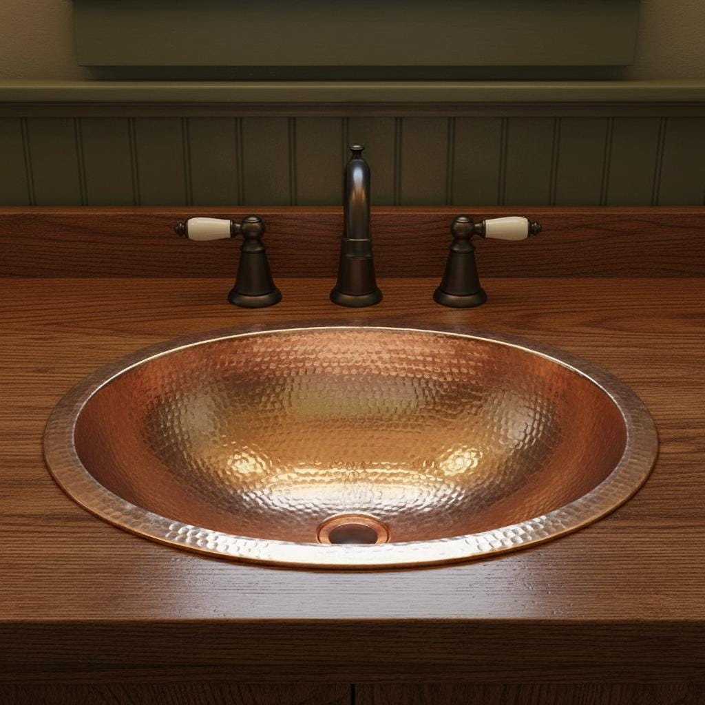 Handmade Oval Undermount Copper Bathroom Sink with Hammered Texture and Free Pop Up Drain