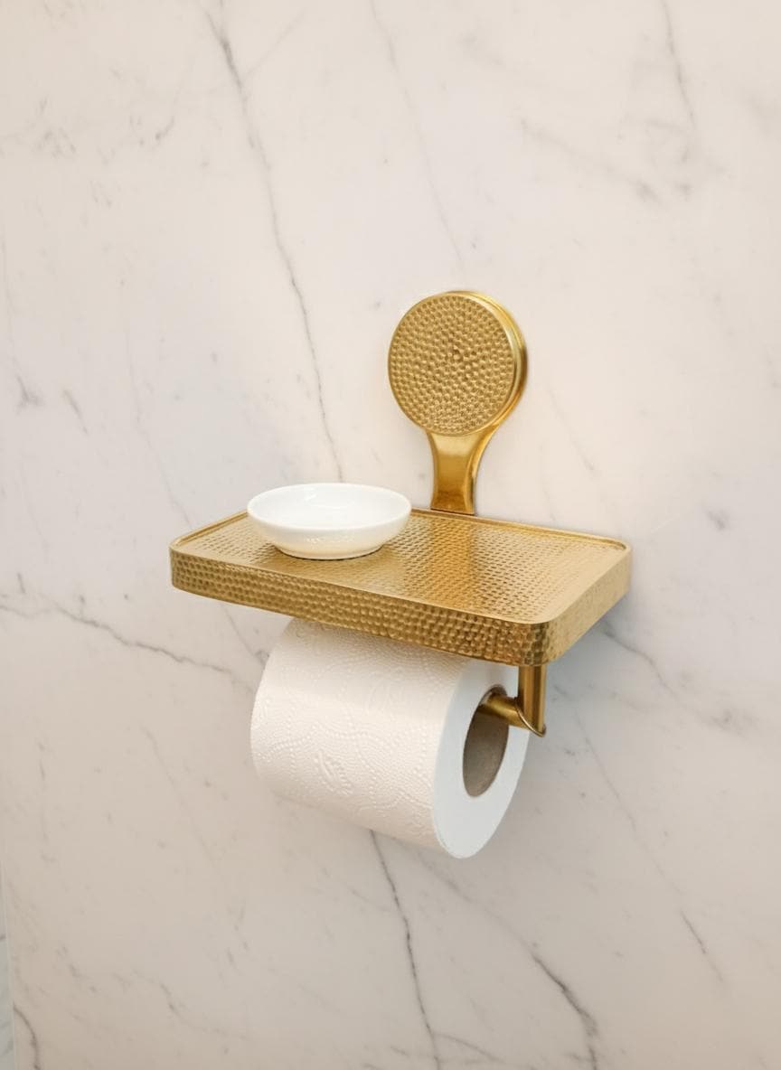 Hammered Brass Toilet Paper Holder with Shelf – Unlacquered Solid Brass Bathroom Fixture