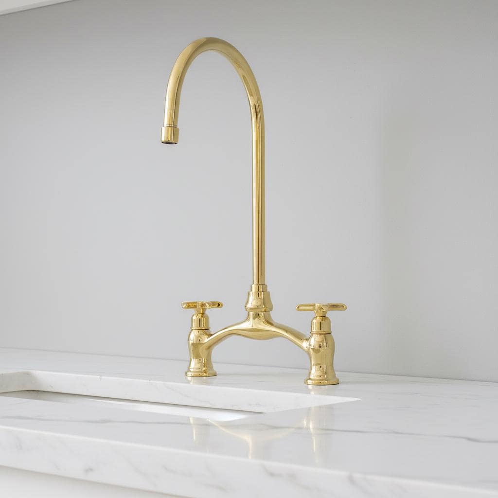 Unlacquered Brass Bridge Faucet – Solid Brass Farmhouse Sink Mixer Tap, Vintage Gooseneck Kitchen Faucet for Apron Front Sinks