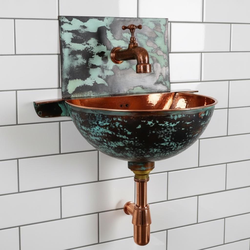 Handmade Turquoise Patina Copper Wall Mount Sink with Faucet for Luxury Artistic Bathroom Designs
