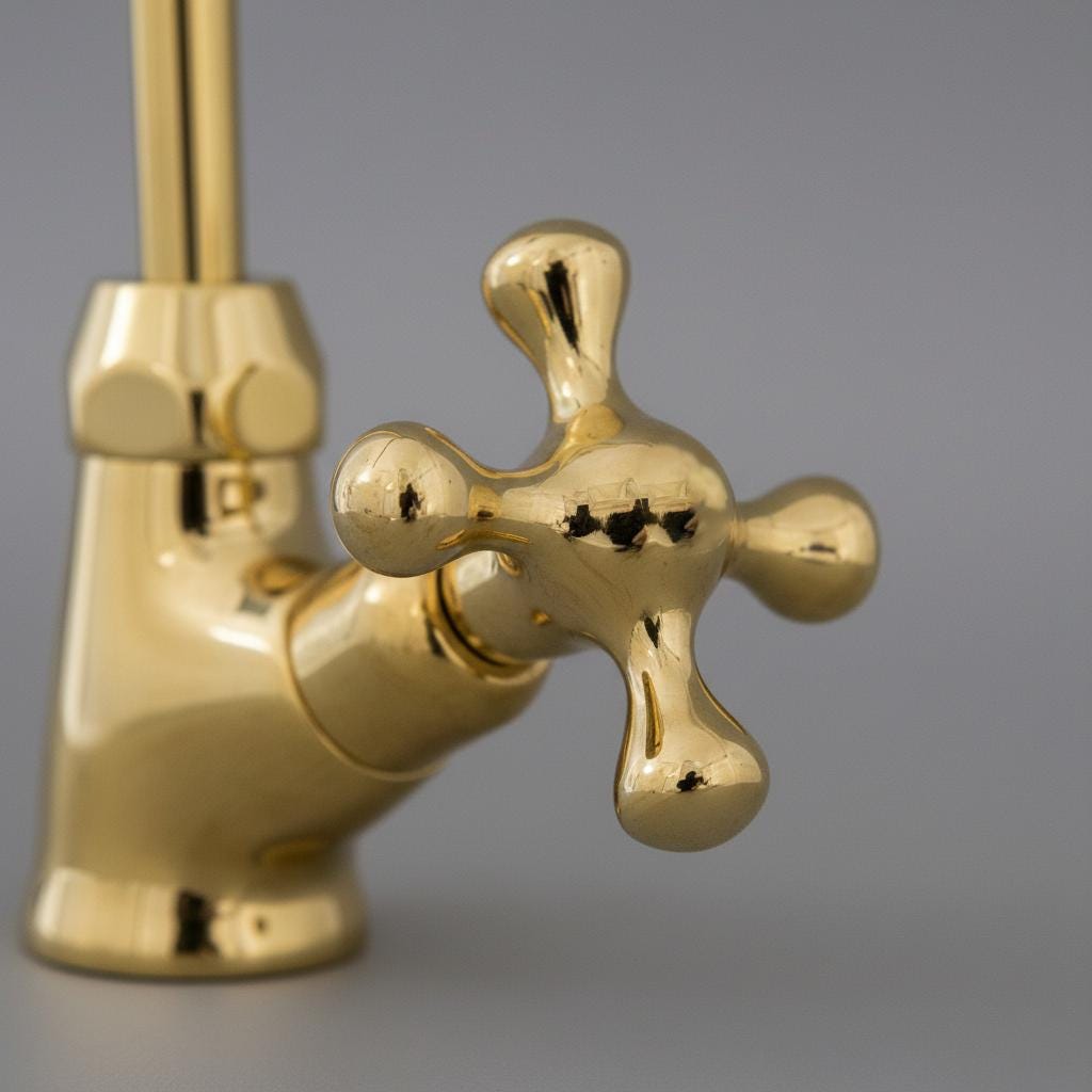 Unlacquered Brass Kitchen Faucet – Handmade Single Hole Gooseneck Tap with Cross Handle for Sink or Bathroom Vanity