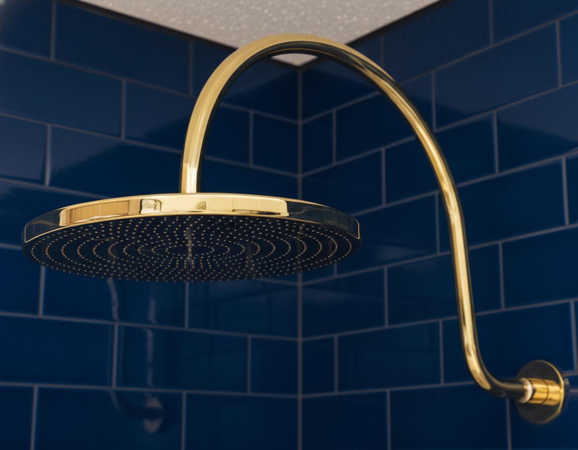 Unlacquered solid brass gooseneck shower arm with round rainfall showerhead for a luxurious bathroom finish