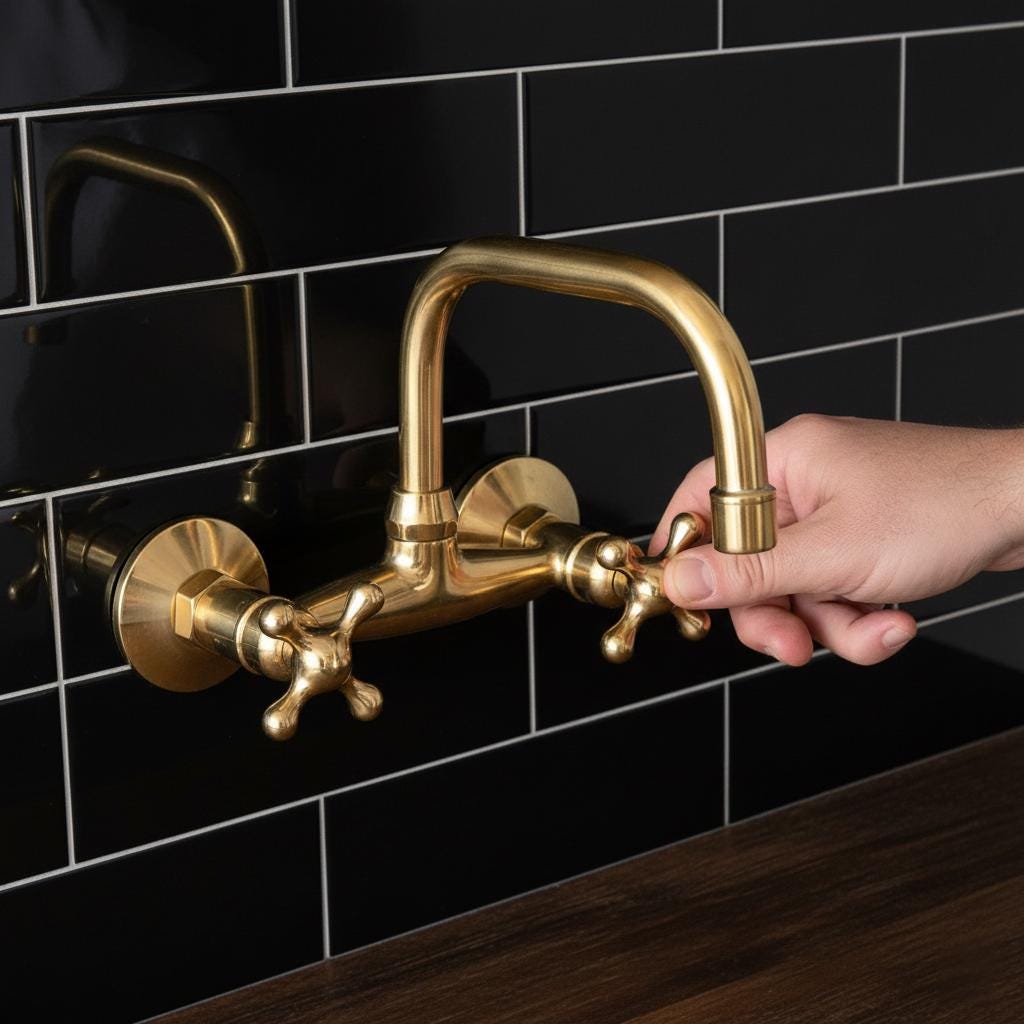 Unlacquered Brass Wall Mount Faucet – Handmade Solid Brass Bar or Bathroom Sink Tap with Cross Handles