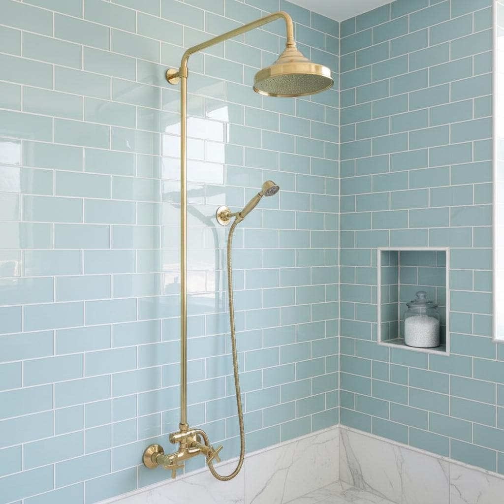 Handmade Unlacquered Brass Rainfall Shower with Handheld Sprayer - Exposed Shower System