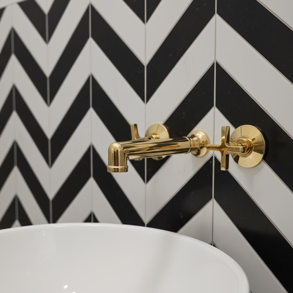 Unlacquered Solid Brass Wall Mount Faucet – Modern Cross Handle Bathroom or Vanity Sink Tap